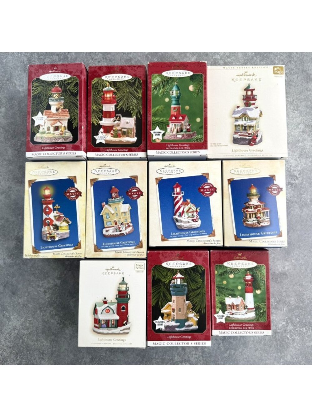 Lot Of 11 Hallmark Ornament Lighthouse Greetings Flashing Light 1997-2006 & 2008